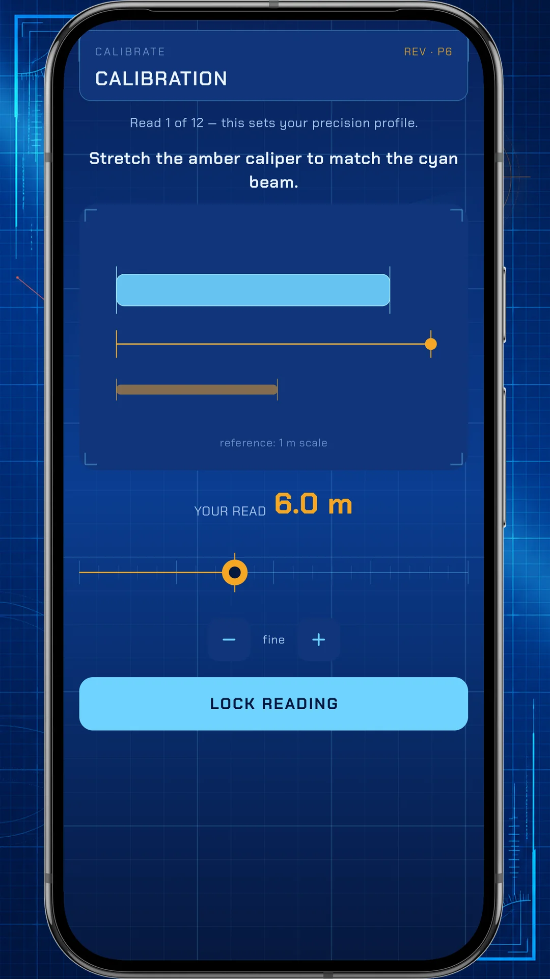 Tower Rush calibration screen: stretch the amber caliper to match the cyan beam, reading 6.0 m