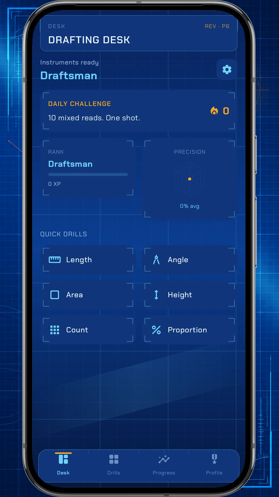 Drafting Desk home screen showing rank Draftsman, precision radar, daily challenge and six quick drills