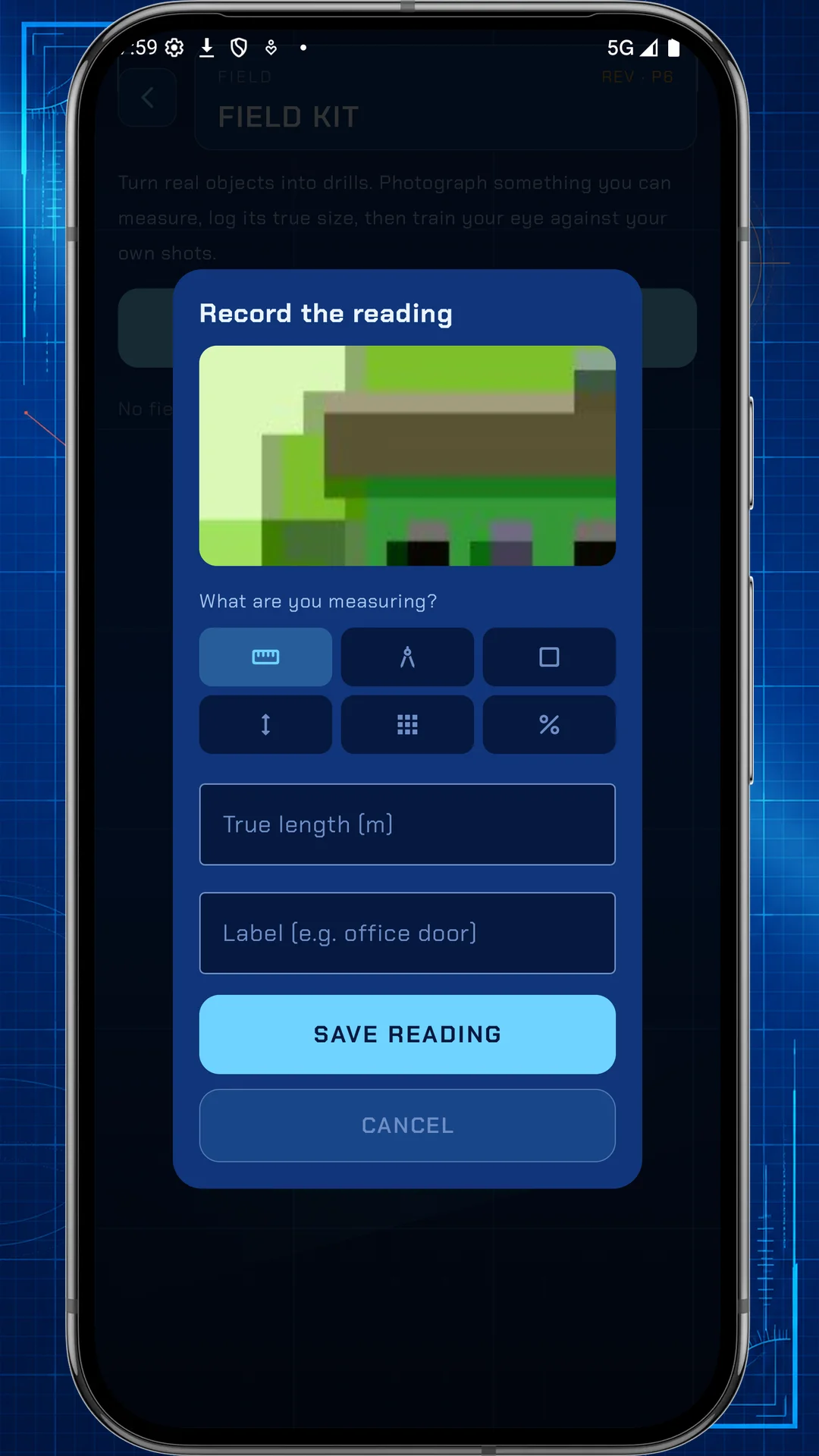Field Kit dialog: record the reading with a photo, measurement type, true length and label fields